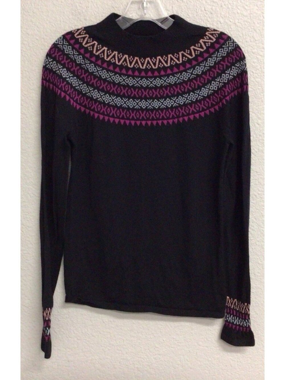 Sweaty Betty Size 8 Fair Isle Sweater 100% Merino Wool Black Nordic Print